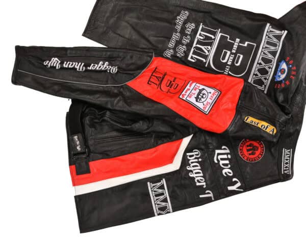 BiggerThanLyfe Motorcycle Jacket with patches displayed in more detail